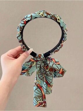 Silk-Print Braided Bow Headband - Aqua